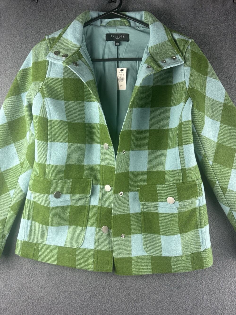 Talbots Plus Field Jacket Small P Coat Green Blue Wool Blend Belle Check Utility